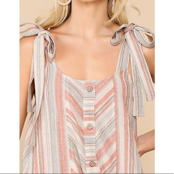 Textured Stripe Ruffle Hem Midi Dress Shoulder Tie Gigio - Picture 5 of 5